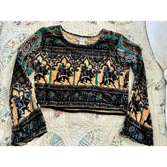 VINTAGE SHIMMERING PRINTED VELVET CROP BELLSLEEVE TOP HIPPIE BOHO S - Picture 3 of 6